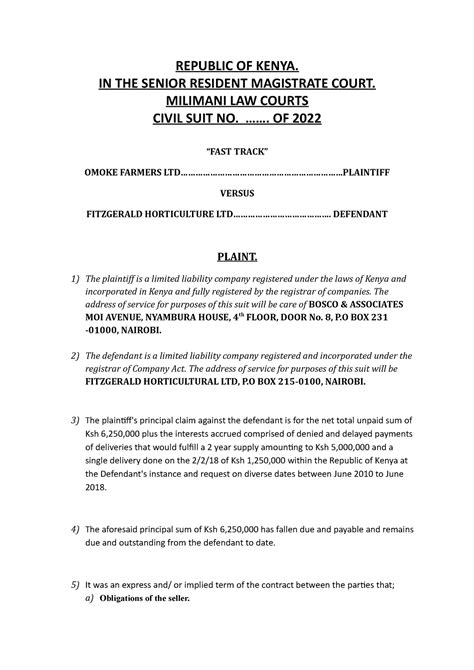 Civil Procedure Plaint - REPUBLIC OF KENYA. IN THE SENIOR RESIDENT ...