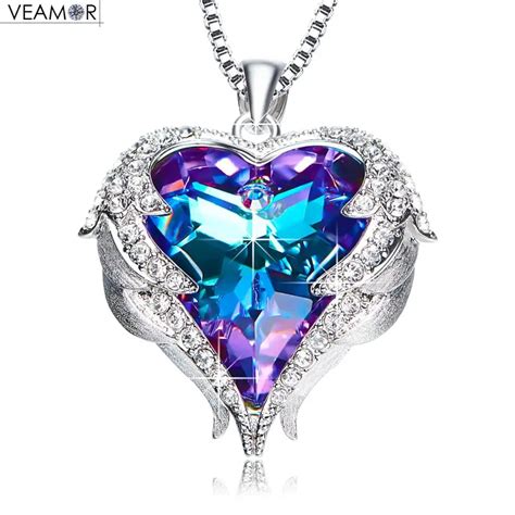 Veamor Angel Wings Pendants Necklaces Purple Crystal Heart Necklace ...