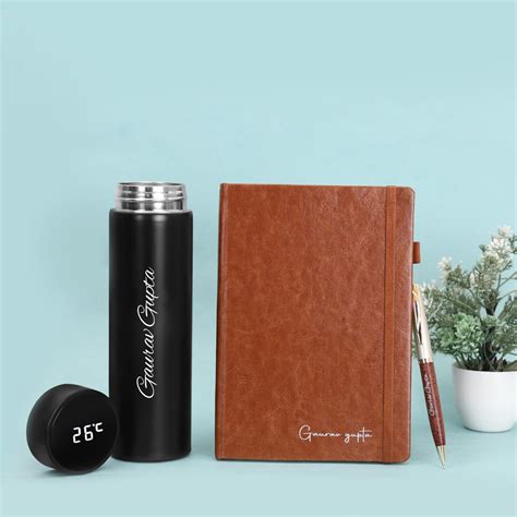 Personalized Brown Diary Pen And Black Bottle Combo