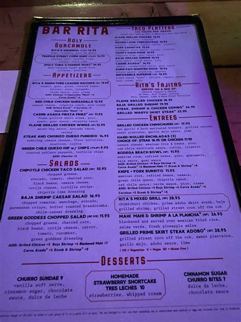 Menu at Bar Rita, Fort Lauderdale