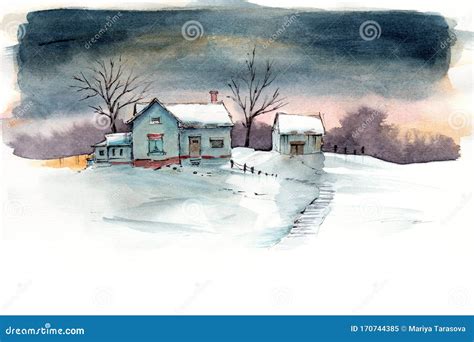 Watercolor Illustration of a Snowy Landscape Stock Illustration ...