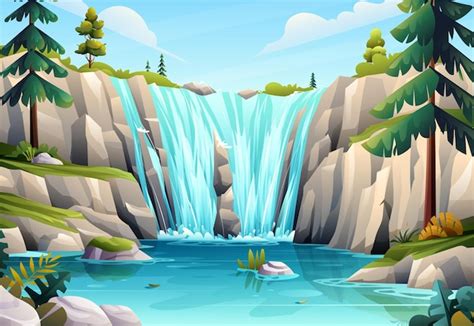 Premium Vector | Beautiful waterfall scenery in forest landscape vector ...