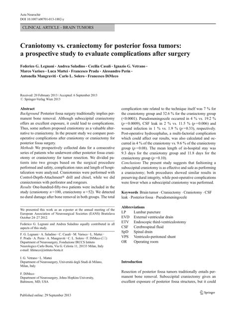 (PDF) Craniotomy vs. craniectomy for posterior fossa tumors: A ...