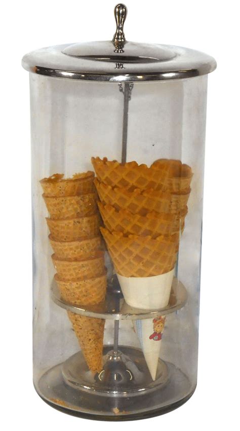 Soda fountain ice cream cone holder, heavy glass round canister w/metal ...