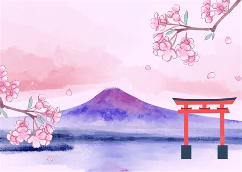 Japans Mount Fuji Cherry Blossom Pink Watercolor Torii Background ...