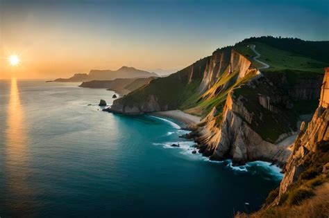 Premium AI Image | A sunset view of a cliff with a cliff in the background.