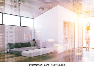 White Wall Bedroom Interior Wooden Floor Stock Illustration 1069532825 ...