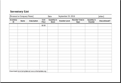 Inventory List Excel Template