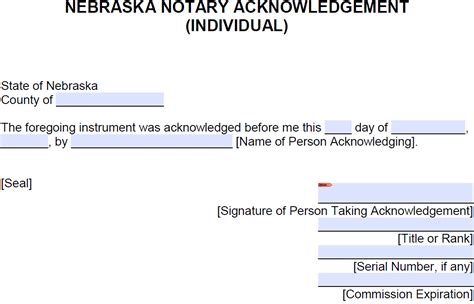 Free Nebraska Notary Acknowledgement - Individual - PDF - Word