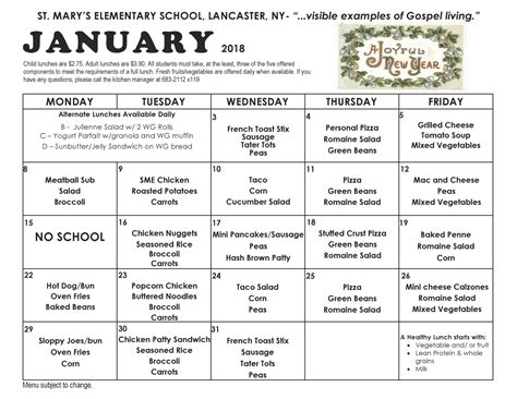 Lunch Menu | St. Mary's Elementary School - Lancaster, NY