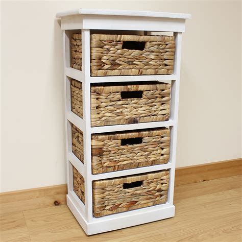 Hartleys Large White 4 Basket Chest Home Storage Unit Bathroom Wicker ...