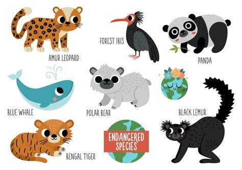 Vector endangered species set. Cute extinct animals collection. Funny ...