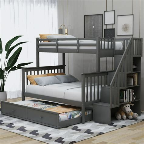 Stairway Twin-Over-Full Bunk Bed with Twin Size Trundle, Stairs ...