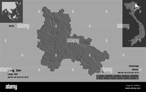 Shape of Lạng Sơn, province of Vietnam, and its capital. Distance scale ...