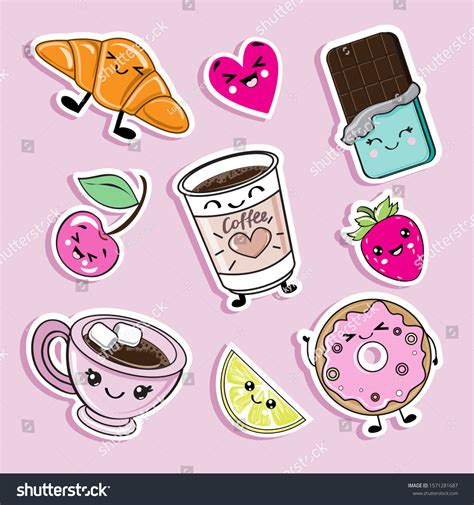 Collection Fashion Food Stickers Kawaii Style Stock Vector (Royalty ...