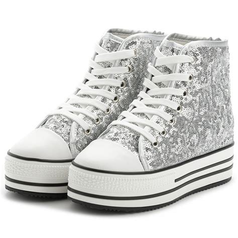 Silver Glitter Bling Bling Lace Up High Top Platforms Hidden Wedges ...