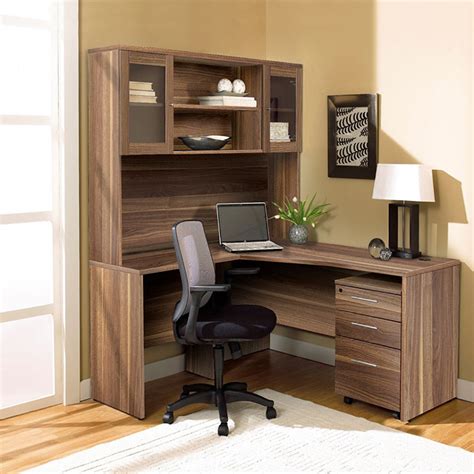 Modern Walnut L-shaped Desk with Hutch & Mobile Pedestal - OfficeDesk.com