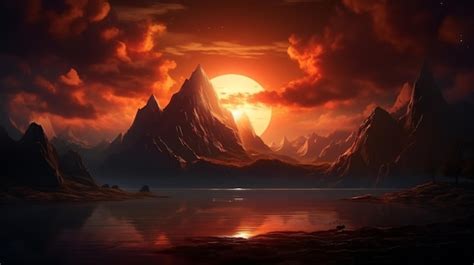 Premium AI Image | a sunset scene with a mountain range and a lake