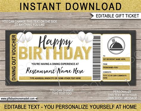 Dinner Gift Certificate Birthday Meal Voucher Template - Etsy New Zealand