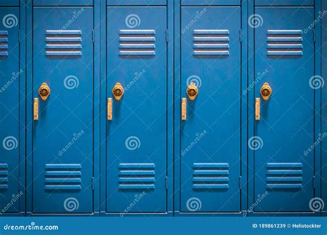 Row of Blue High School Lockers, Closed Stock Image - Image of latches ...