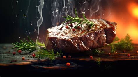 A juicy steak is showcased in the middle, with flickers of rosemary and ...