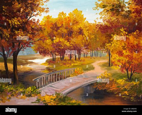 Oil Painting - autumn forest with a river and bridge over the river ...