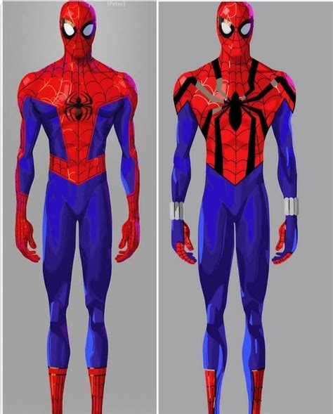 two different views of the spider - man suit, one in blue and one in red