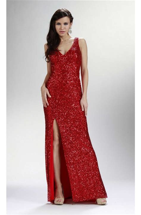 Sheath V Neck High Slit Sheer Back Red Sequin Sparkly Prom Dress