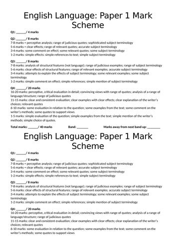 AQA English Language GCSE Paper 1 Student Friendly Mark Schemes and ...