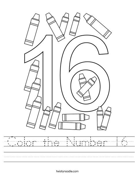 Color the Number 16 Worksheet - Twisty Noodle