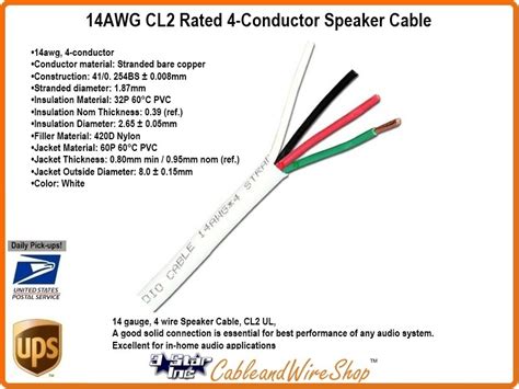 14 AWG CL2 Rated 4 Conductor Speaker Cable 14/4 41 Strand 500' Yellow ...