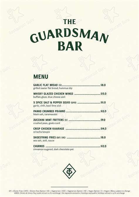 Menu at The Guardsman cafe, Adelaide