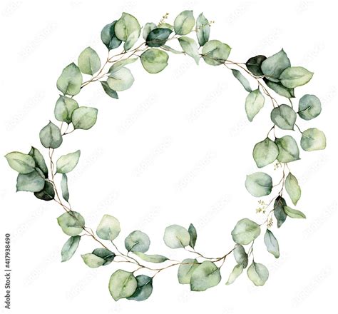 Watercolor wreath of eucalyptus branches, seeds and leaves. Hand ...