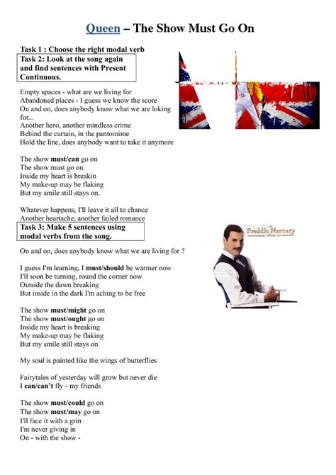 Song Worksheet: Show Must Go On by Queen