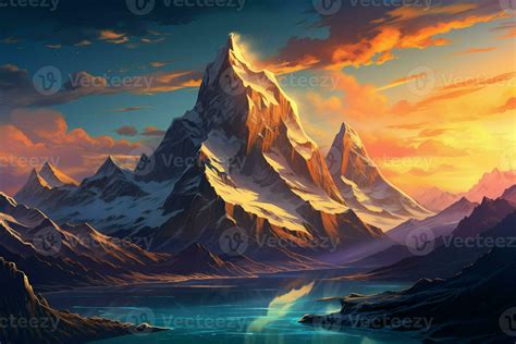 Fantasy landscape with mountains and clouds. 3D illustration. Digital ...