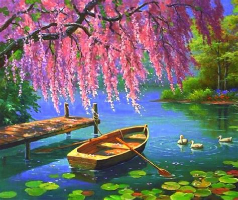 Pink Blossoms, A Lake, And A Boat For Two. . .The Perfect Setting To ...