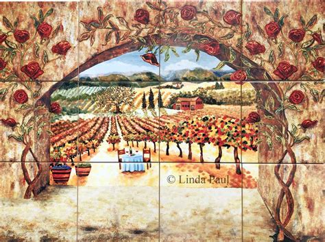 Italian tiles of vineyard, roses backsplash tiles - wine art tiles