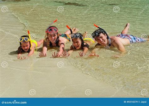 Happy Family in Snorkels on Tropical Beach Stock Image - Image of ...