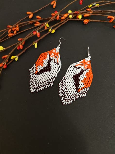 Seed Bead Earrings Animal Print Earrings Red Fox Earrings Fringe ...