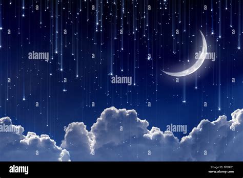 Peaceful background, night sky with moon, stars, beautiful clouds ...