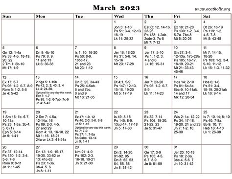 Monthly Calendar of the Catholic Daily Mass Readings