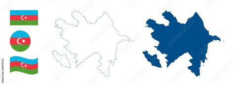 Azerbaijan map. Detailed blue outline and silhouette. Country flag. Set ...