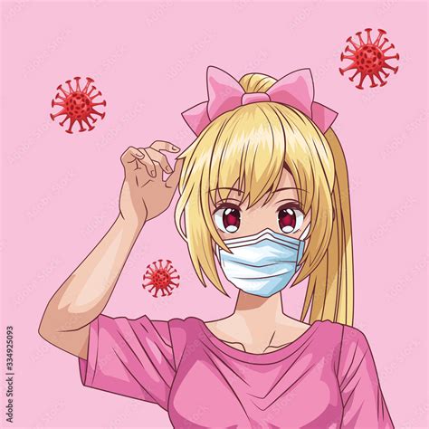 beautiful woman with face mask and covid19 particles anime style Stock ...