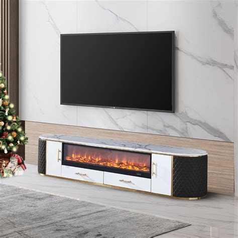 Modern Stone TV Stand with Fireplace, Cabinet Storage, Leather ...