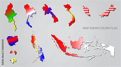 Asian countries set, maps colours flags, Map of South East Asia split ...