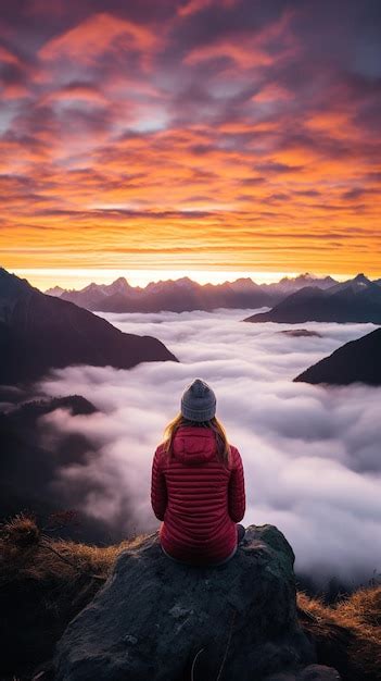 Premium AI Image | a woman on top of a mountain peak with view of ...