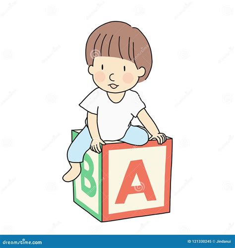 Vector Illustration of One Little Kid Sitting on Abc Alphabet Block ...