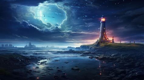 Premium Photo | Lighthouse in the ocean shines on ships at night