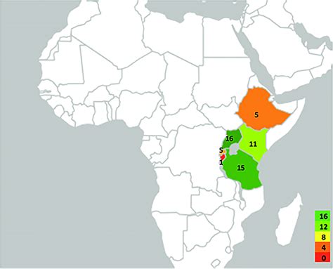 Geographical map of the East African Community indicating the number of ...