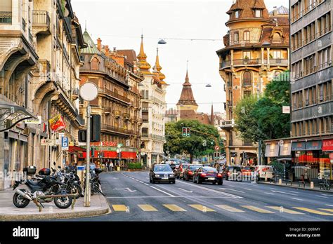 Geneva, Switzerland - August 30, 2016: Building architecture on Avenue ...